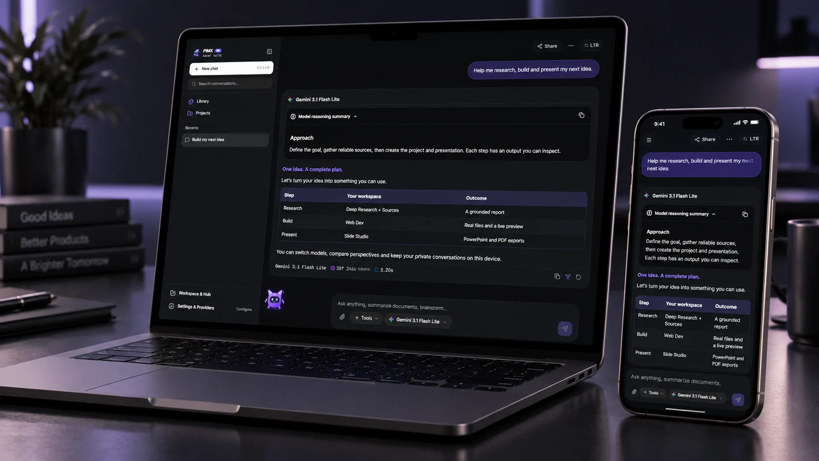 The PIMX Agent chat workspace on a laptop and iPhone, with model selection, reasoning and creative tools