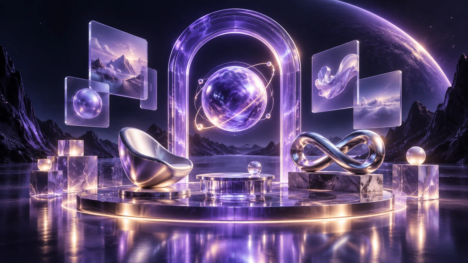 Violet glass creative studio with a chrome infinity sculpture